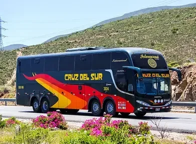 Cruz del Sur bus traveling through the Peruvian countryside.