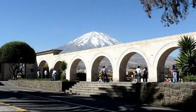 Yanahuara viewpoint with Misti Volcano in Arequipa, Peru.