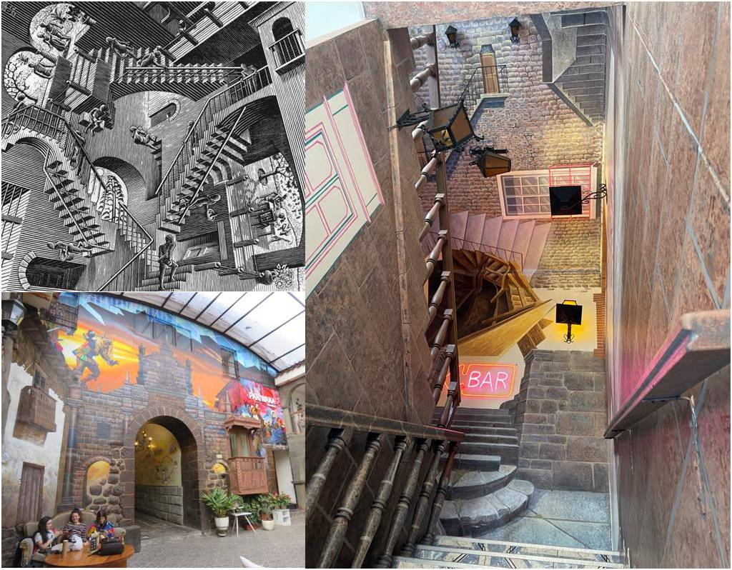 Colorful murals decorating Pariwana Hostel in Cusco, Peru.