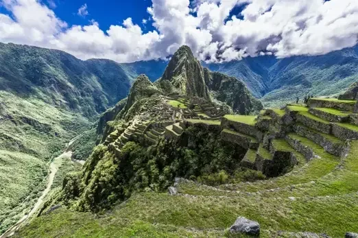 Panoramic view of Machu Picchu from the upper terraces in Peru.
